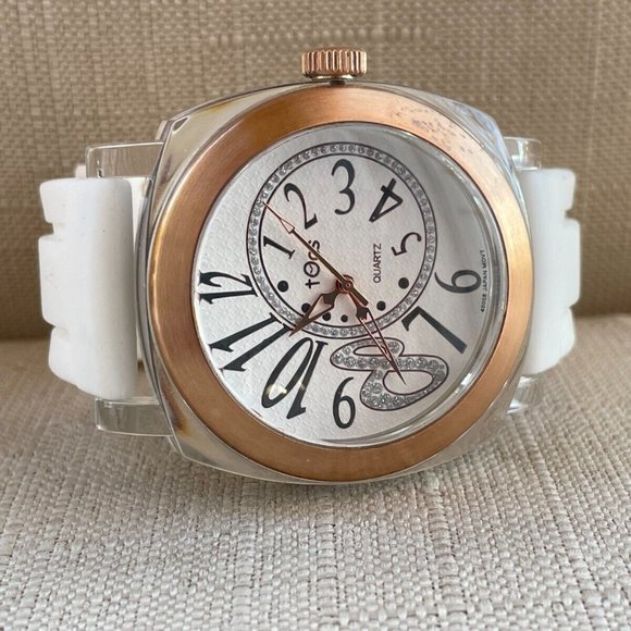 TOCS Wristwatch Gold Tone Case Quartz Analog Unisex Watch White Rubber Band - Picture 5 of 11